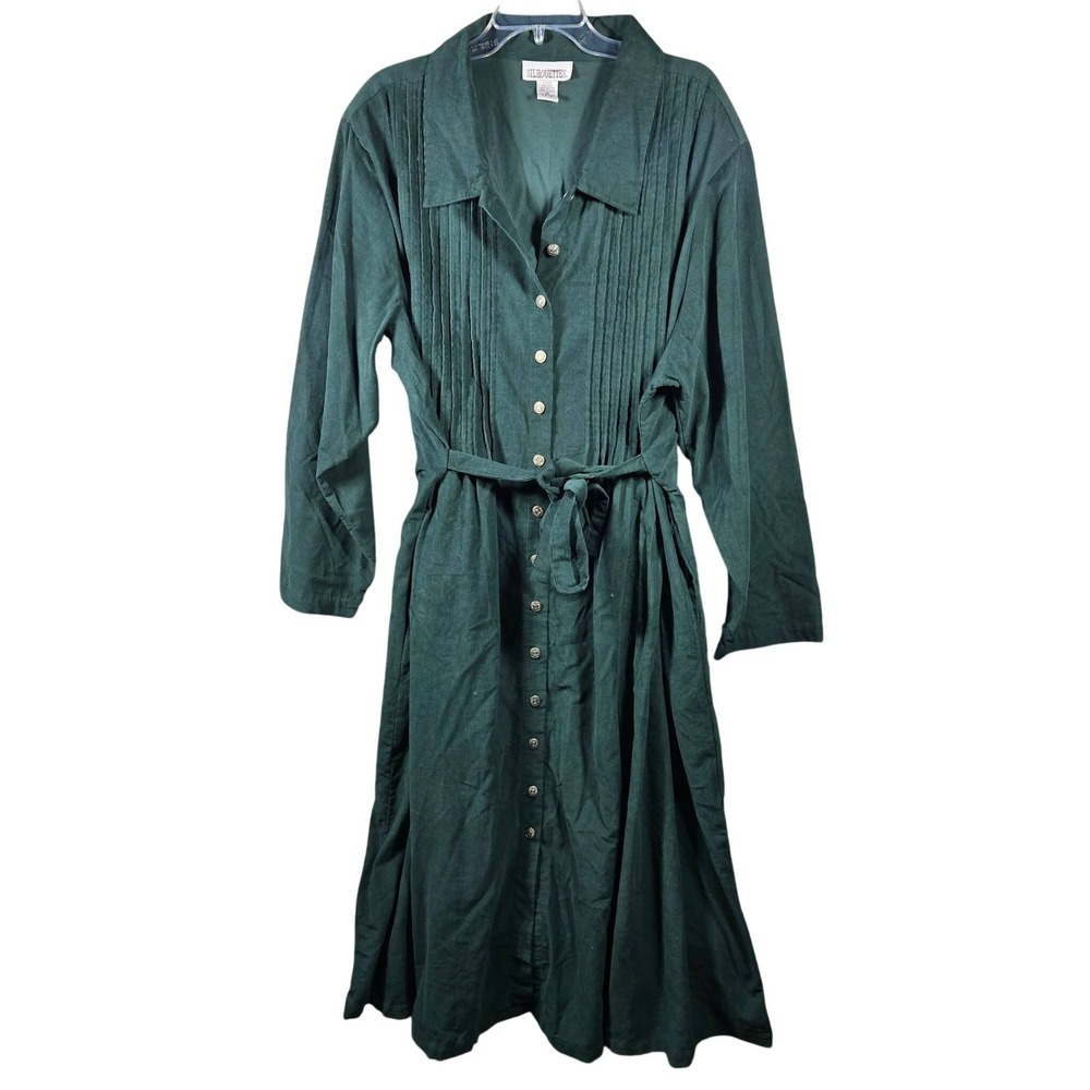 Silhouettes Corduroy Maxi Dress Forest Green Cotton Pintuck Womens Plus Size‎ 28